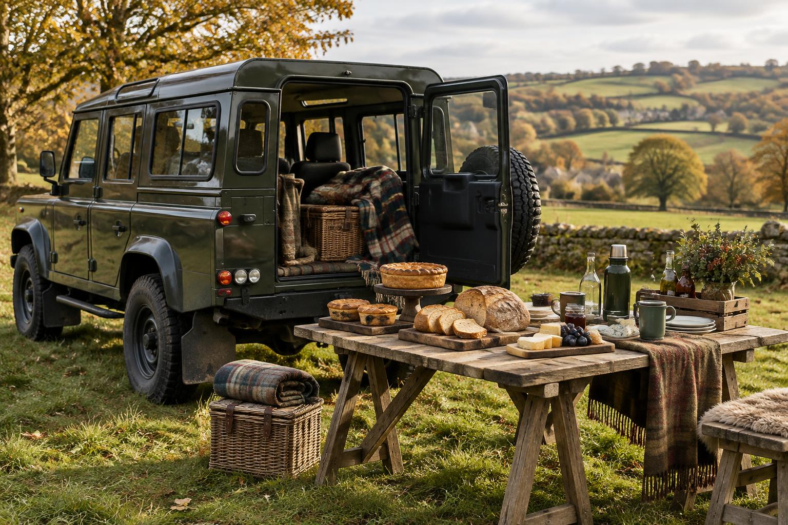 Countryside shoot catering with food and drinks behind a Land Rover